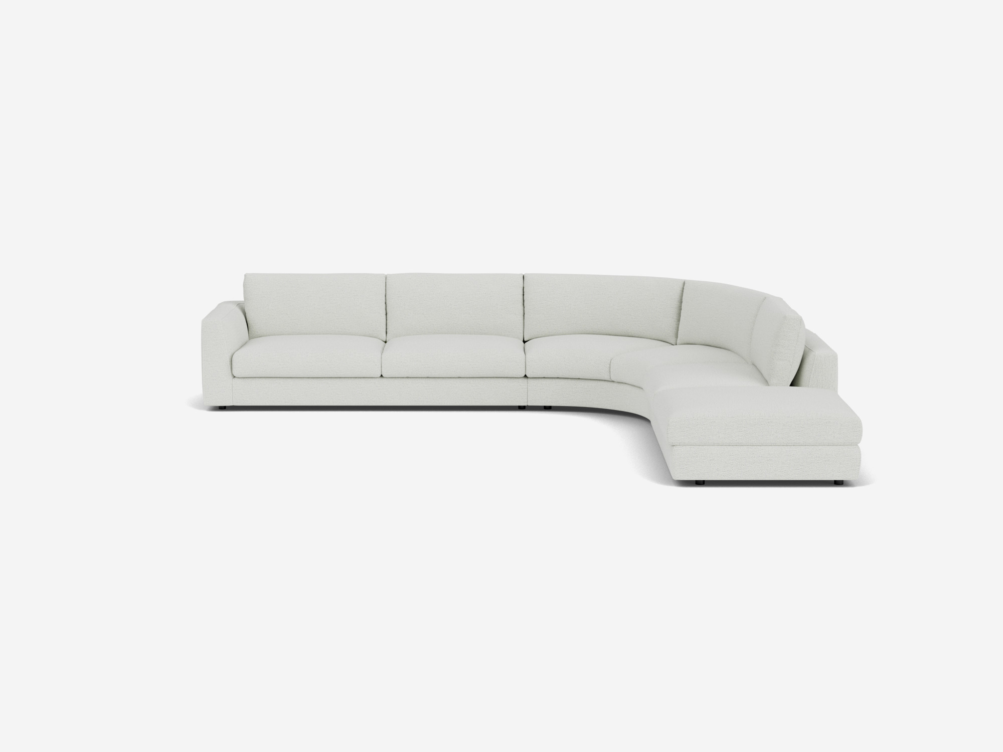 Right hand facing white curved sectional sofa front view